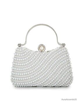 Pearl Crystal Beaded Evening Clutch Rhinestone Chain Strap Formal Handbag